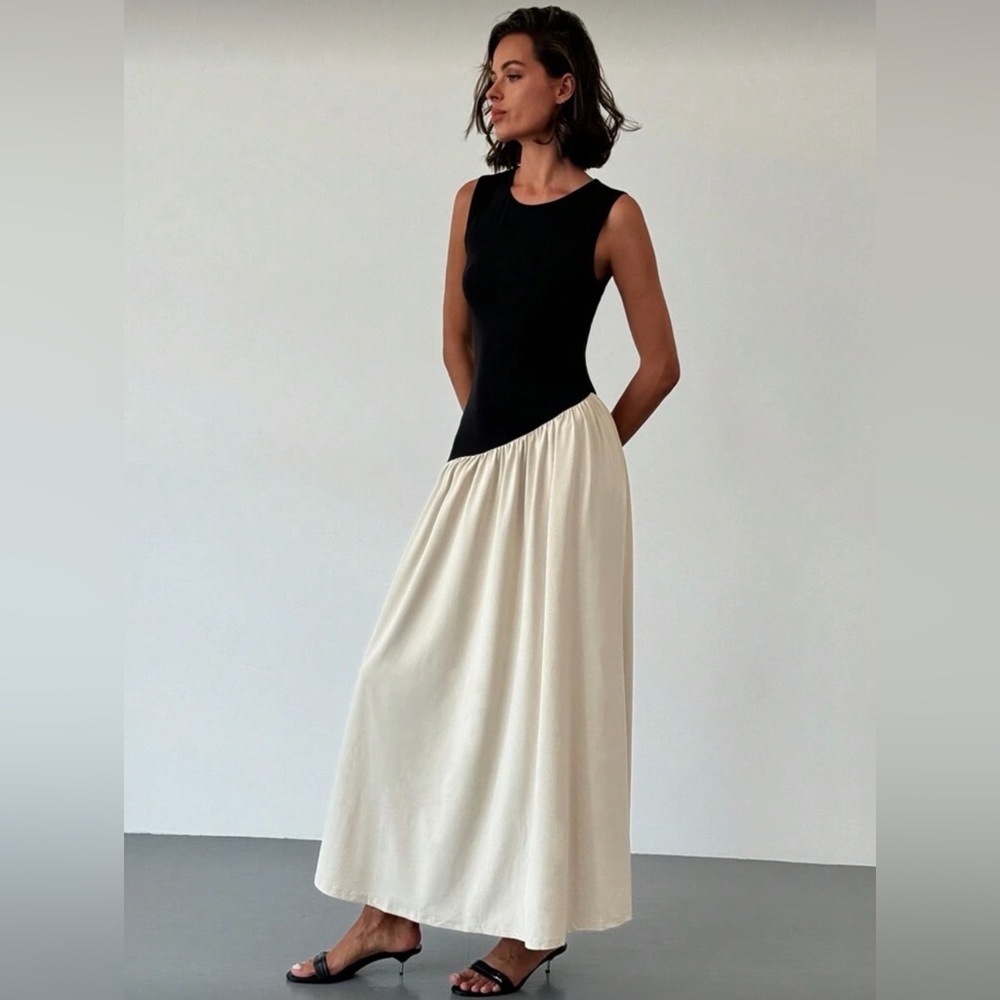 Black and Cream Asymmetrical Drop Waist Maxi Dress Minimalist Chic Style - Picture 6 of 7